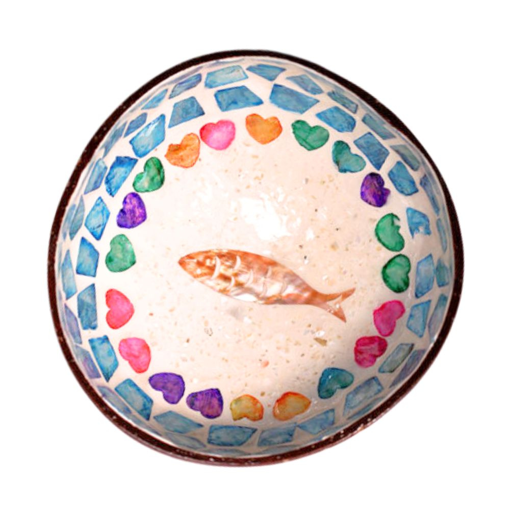 Fish Desigh Mother Of Pearl Inlaid Coconut Bowl