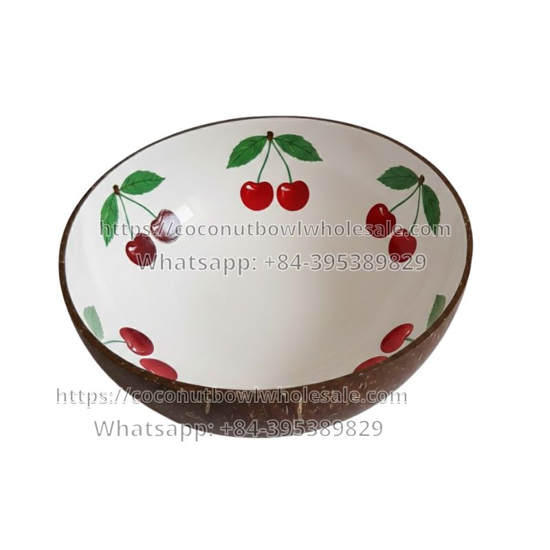 Lacquered Coconut Bowl with Cherry Design (TSCB-0076)