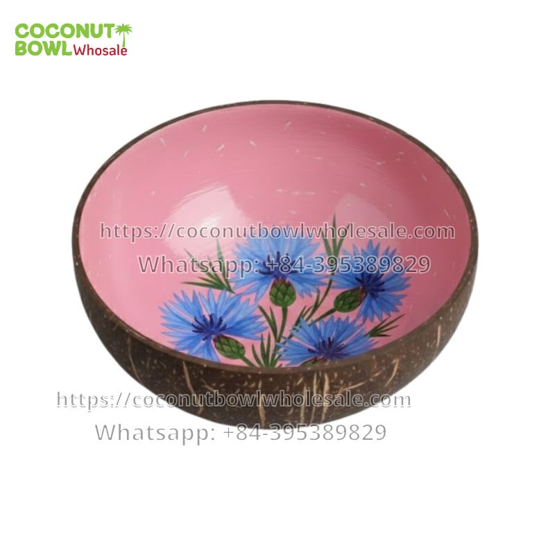 Lacquered Coconut Bowl with Cornflower Design (TSCB-0081)