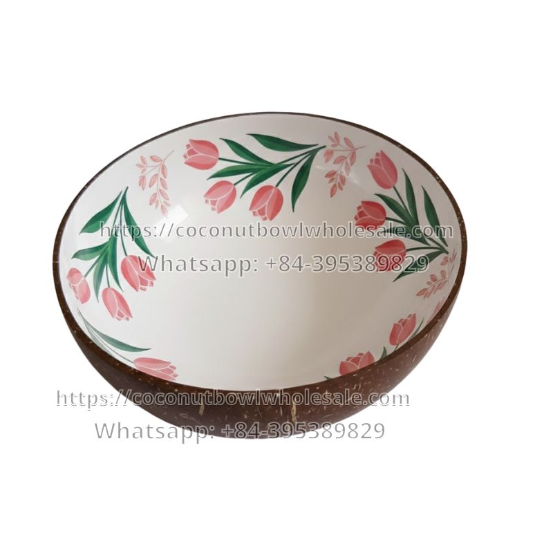 Lacquered Coconut Bowl with Tulip Design (TSCB-0075)