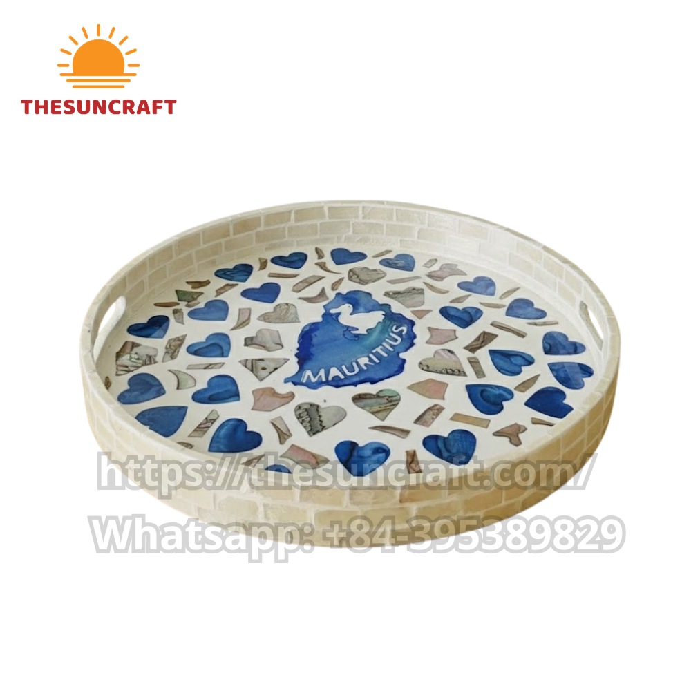 Handcrafted Round Mauritius Mother of Pearl Inlaid Tray (TSMT-0054)