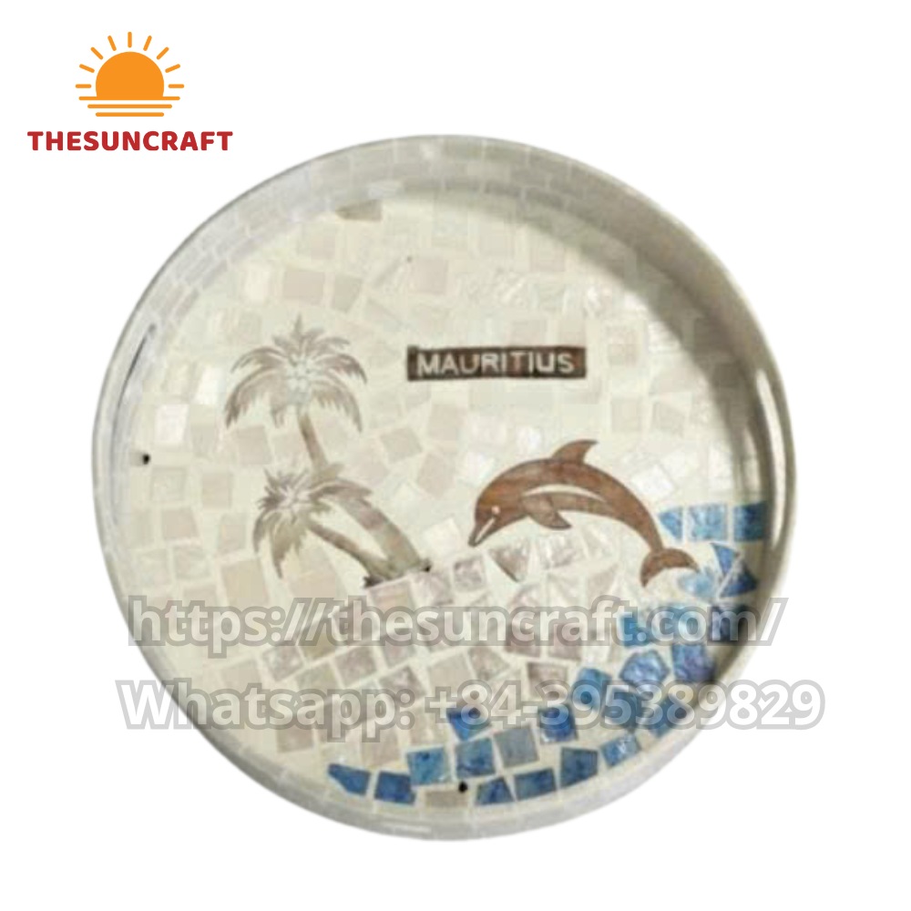 Round Dolphin Mauritius Mother of Pearl Inlaid Tray (TSMT-0045)