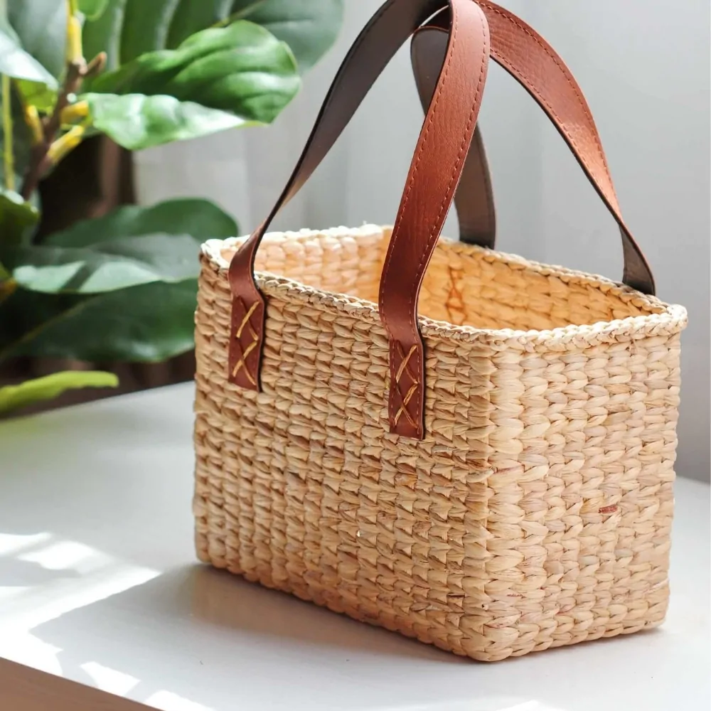 hyacinth basket bag with leather handles, bulk, wholesale